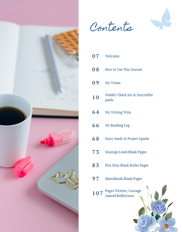 Table of Contents with notebook, pen, and coffee cup