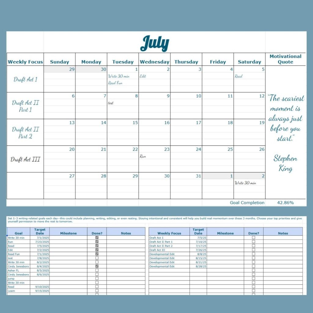 Calendar with goals assigned