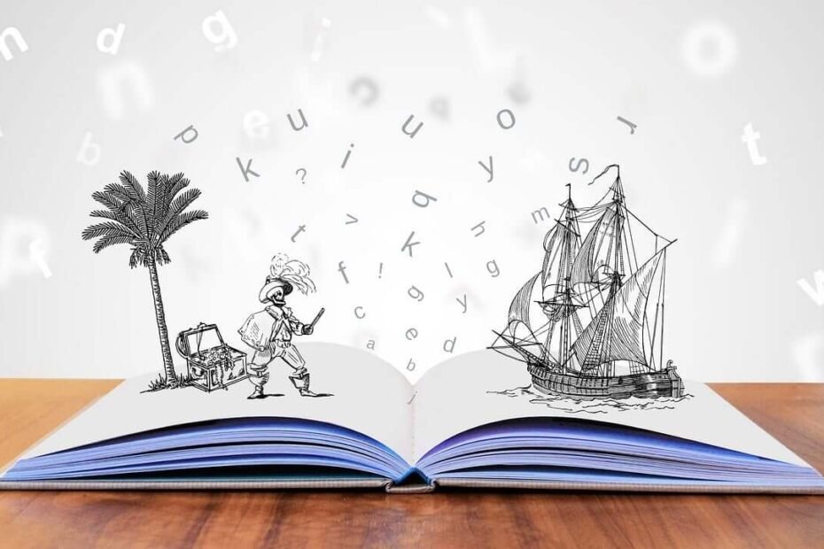 Open book with Pirate, Ship, and treasure chest on an island