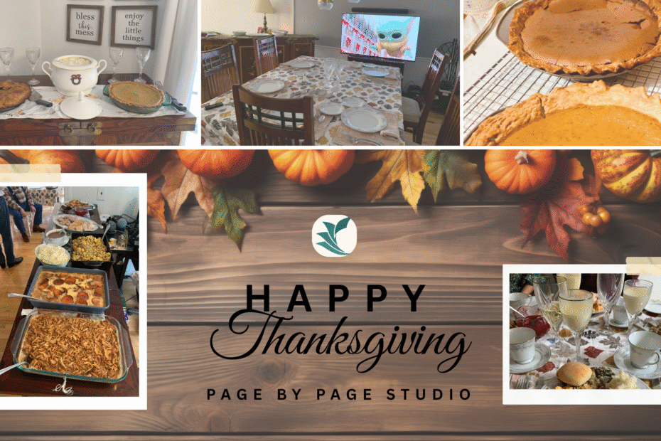Thanksgiving Table, apple pie, pumpkin pie, chess pie, pumpkins and fall leaves