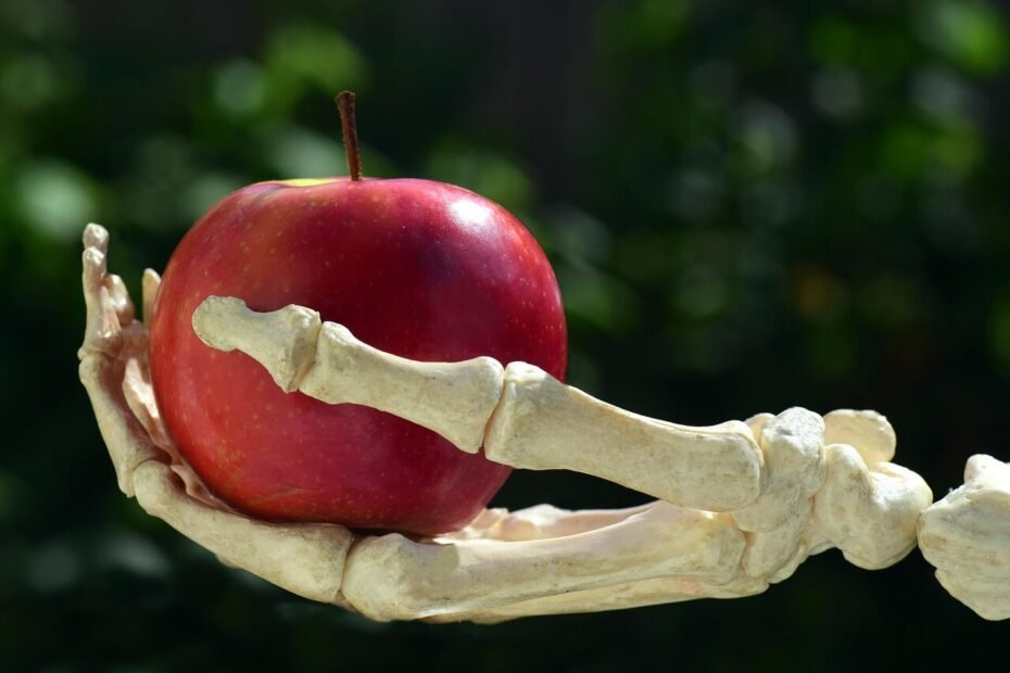 Skeleton hand holding a red apple with dark green leaves in background