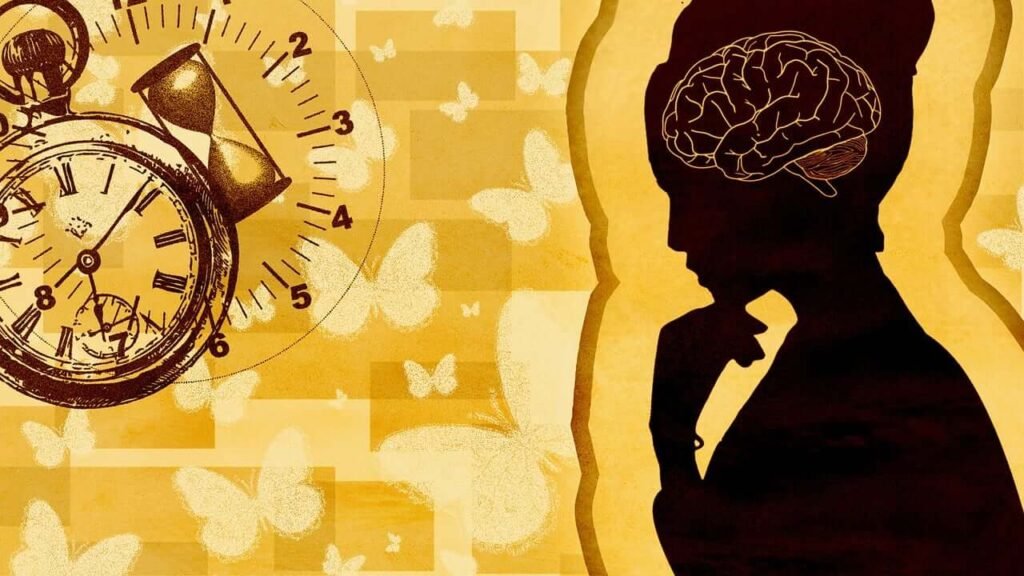 Woman silhouette with outline of brain and background of butterflies, hour glass, and a pocket watch.