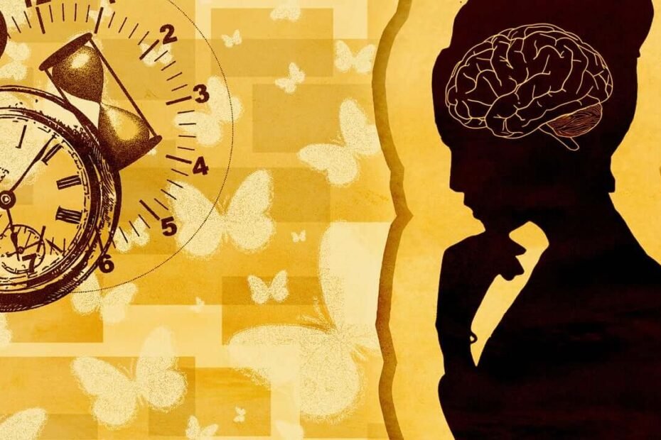 Woman silhouette with outline of brain and background of butterflies, hour glass, and a pocket watch.