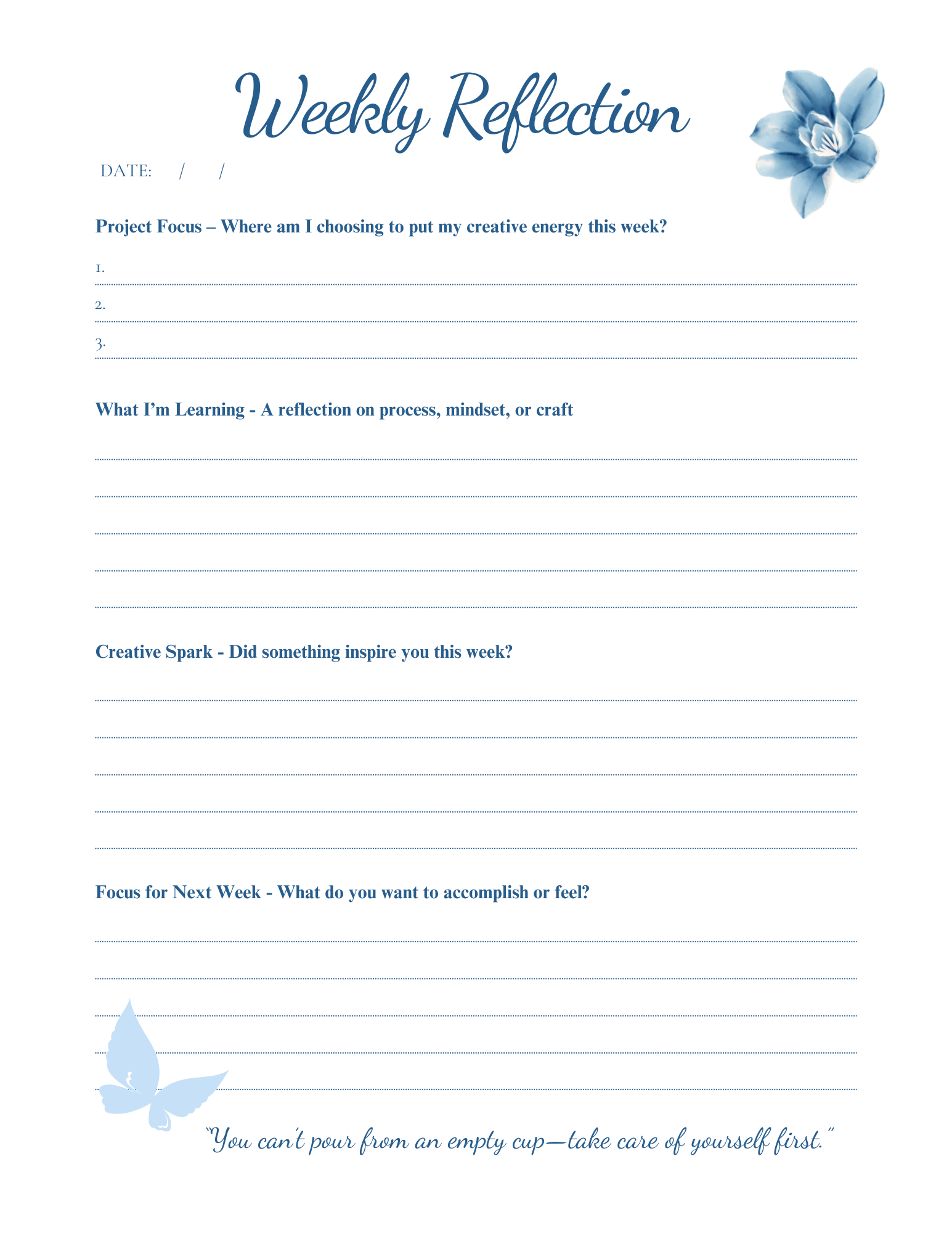 Weekly Reflections Journal Page