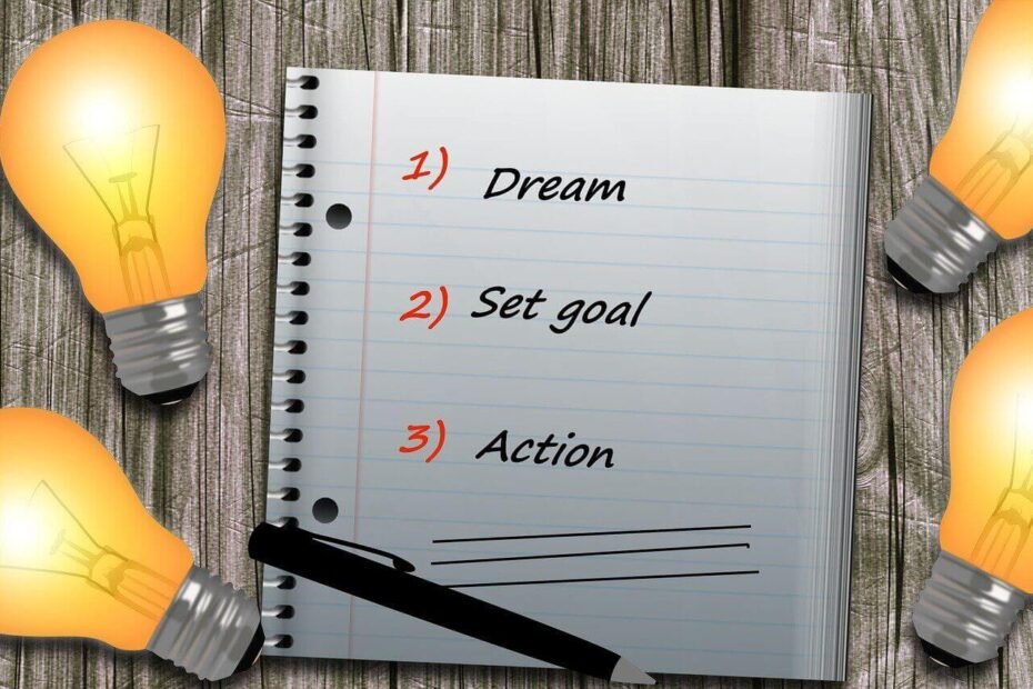 Lightbulbs surrounding notebook with words dream, set goal, action. a pen laying on wooded background