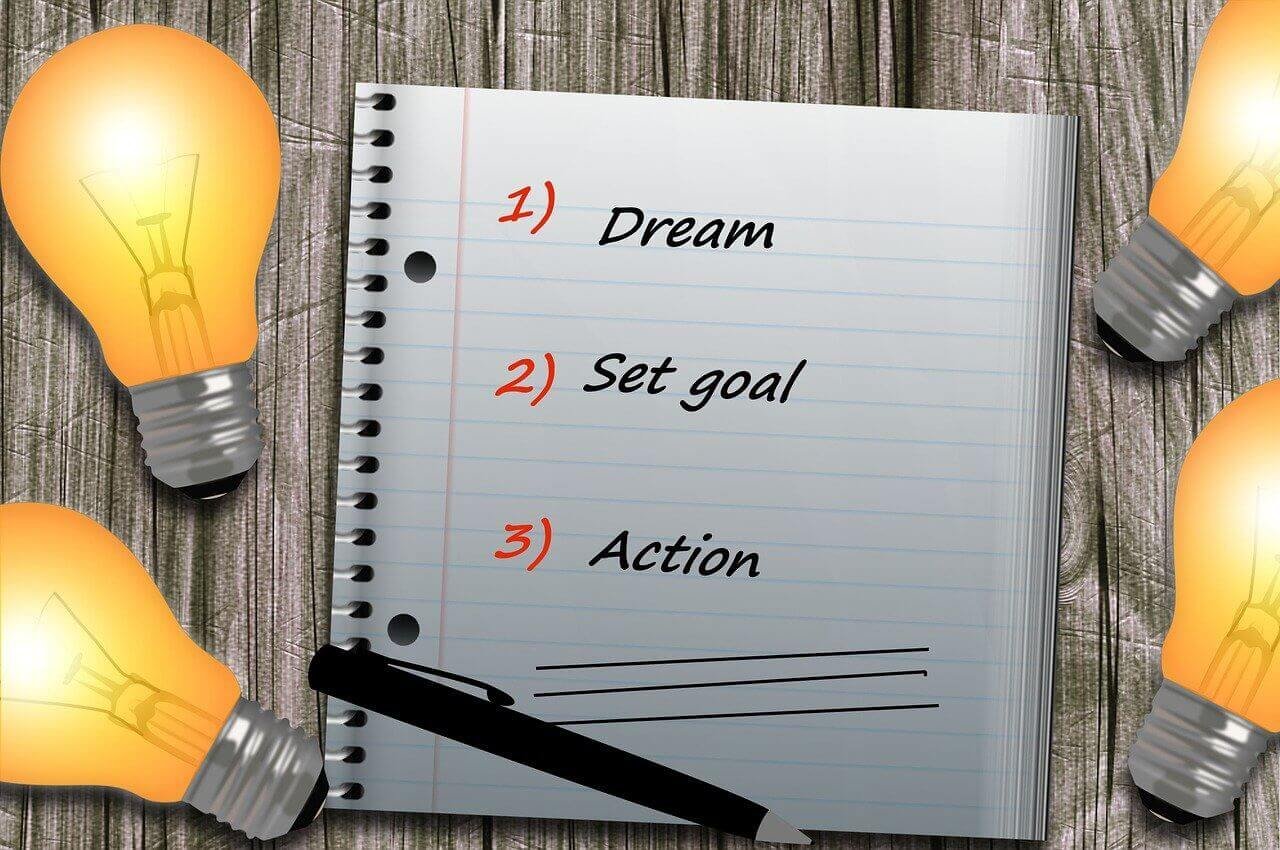 Lightbulbs surrounding notebook with words dream, set goal, action. a pen laying on wooded background
