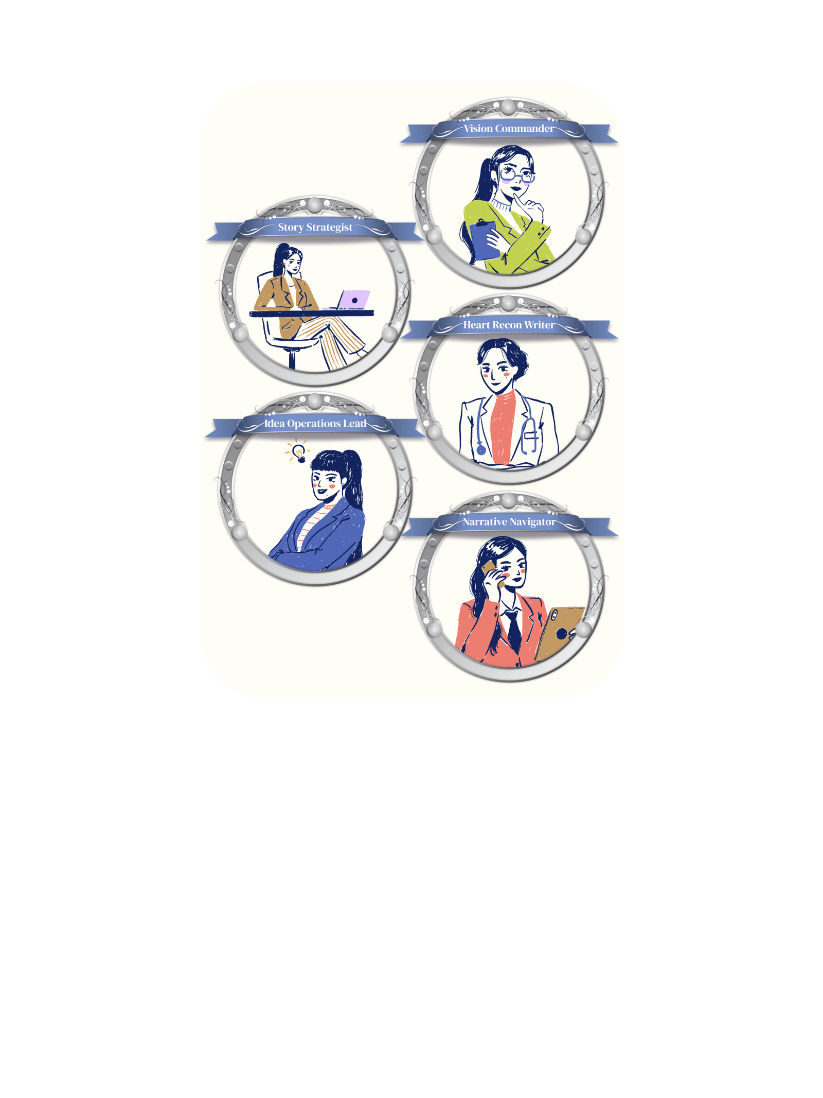 Five women in business attire in silver frames with blue ribbon