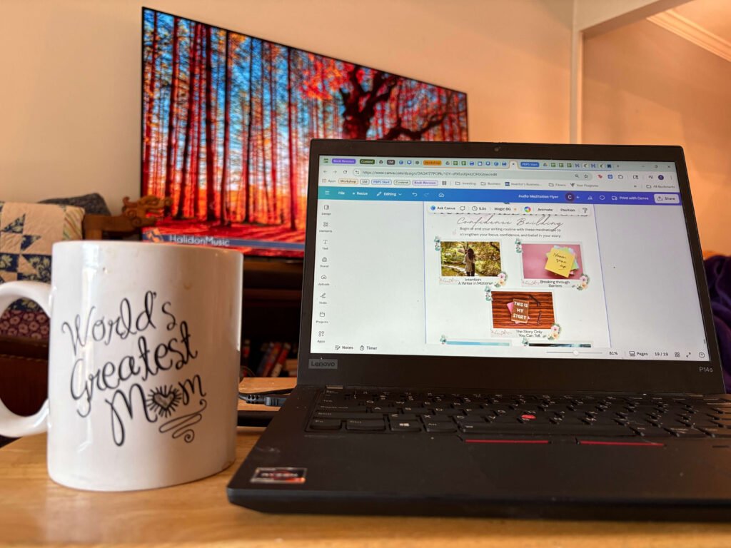 Laptop with coffee mug on TV Tray Table in living room