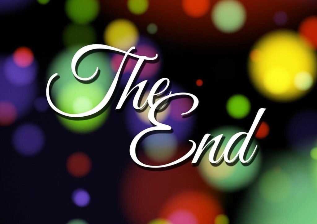 the end with colorful lights in background
